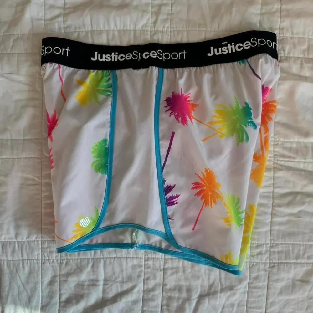Justice girls size L 12 14 running shorts white multicolor palm trees summer‎